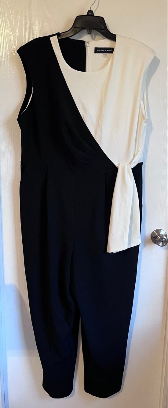 Andrew Marc Size 16 Black & White Colorblock Jumpsuit Side Tie Waist 0071